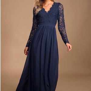 Navy Blue Long Sleeve Lace Maxi Dress